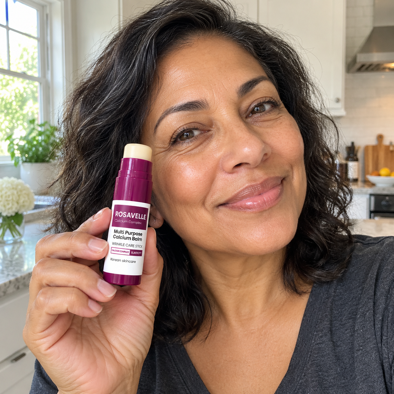 Woman holding Rosavelle balm at home