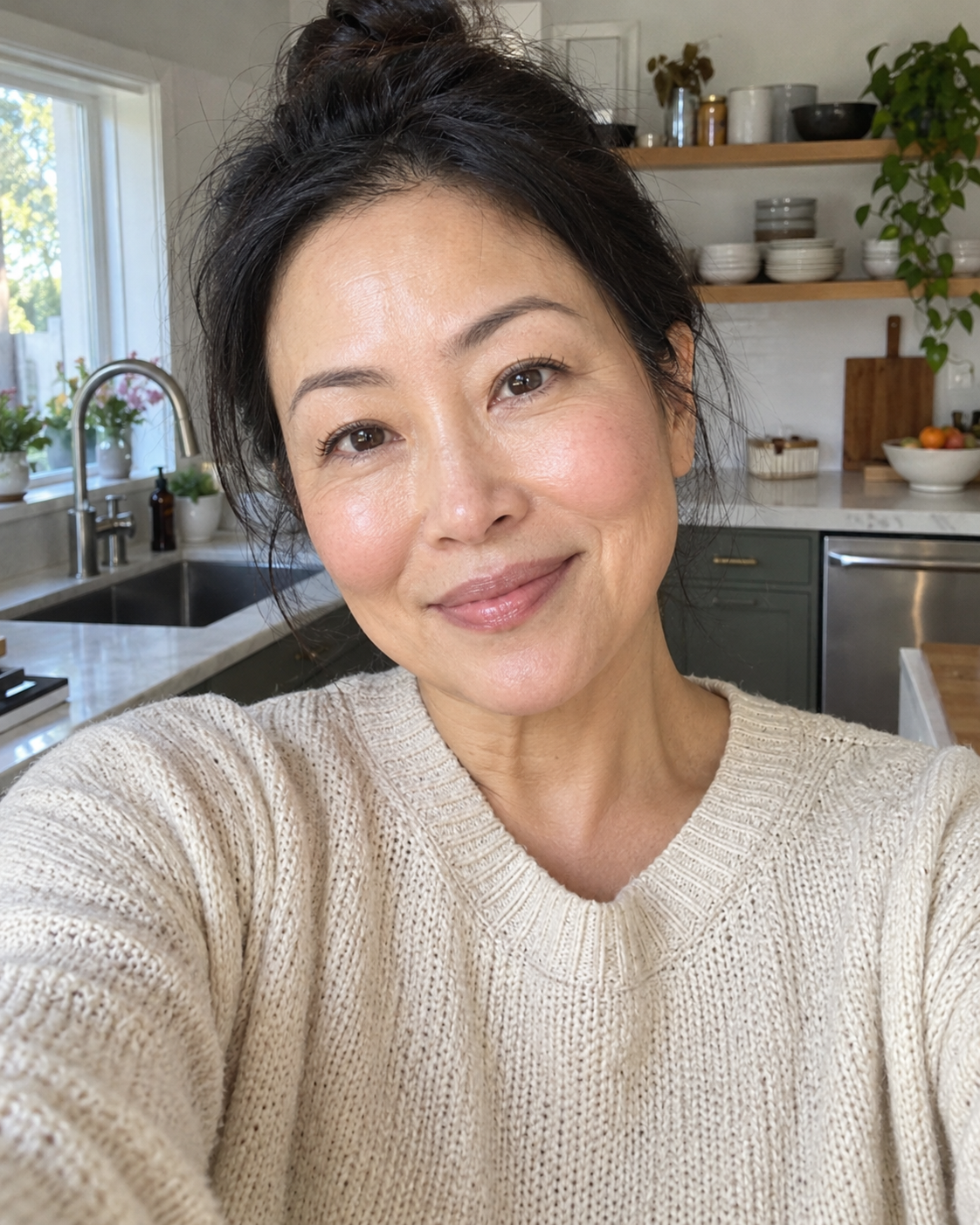 Illustrative selfie of a woman in her kitchen