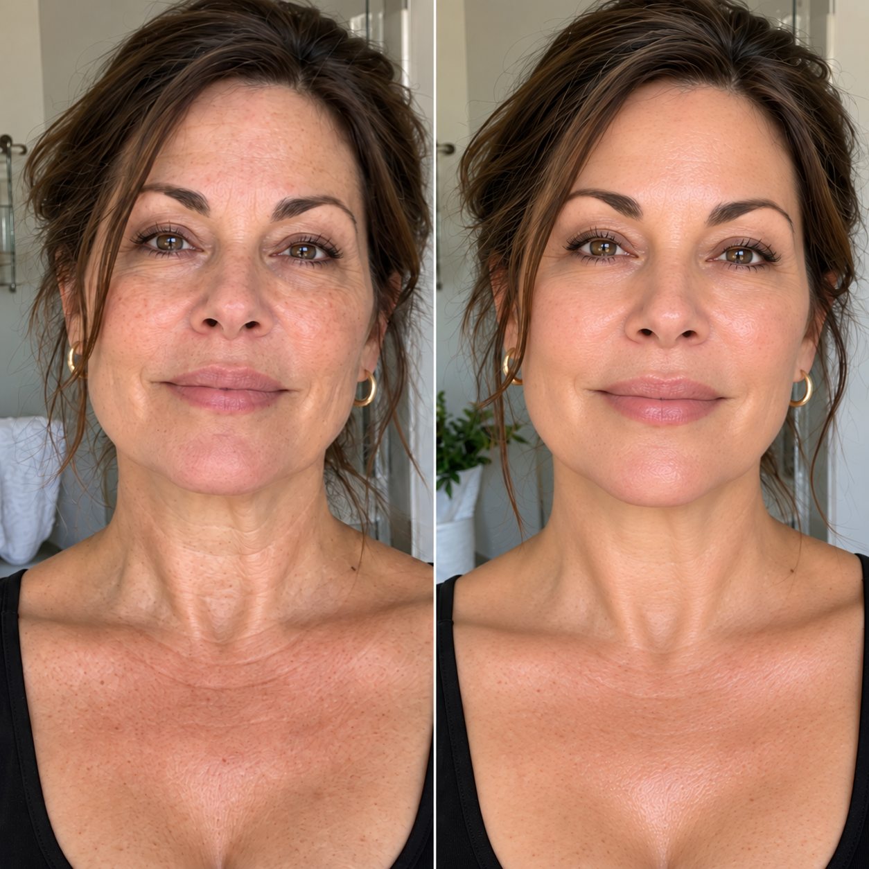 Illustrative side-by-side portrait of a mature woman