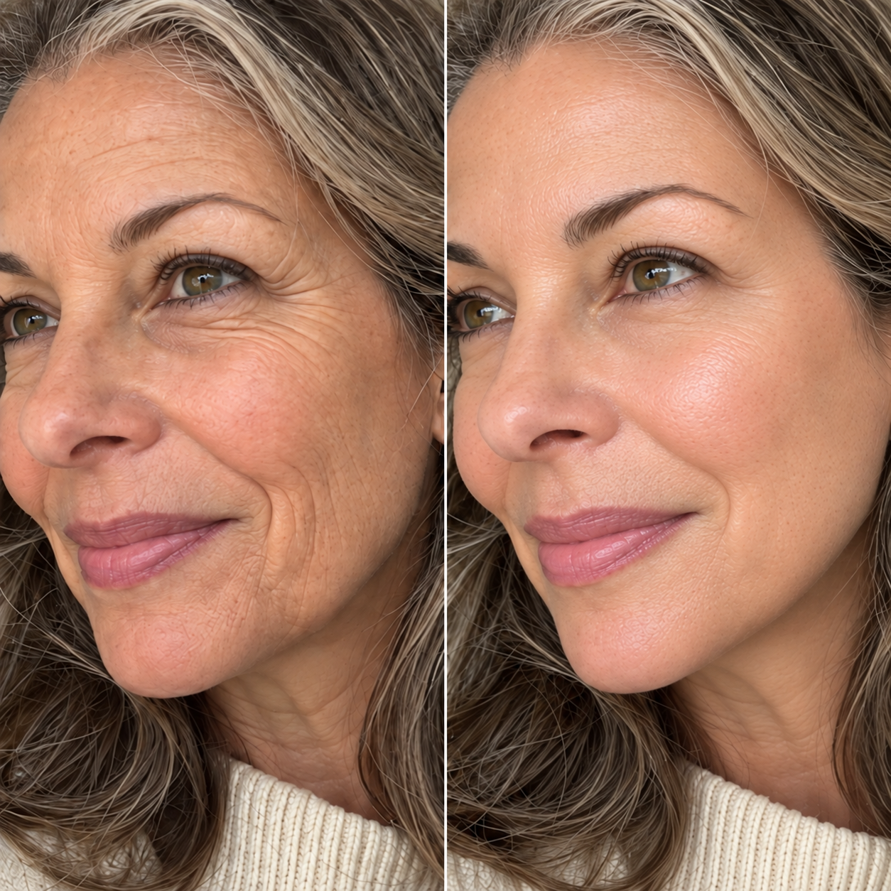 Illustrative side-by-side portrait of a mature woman