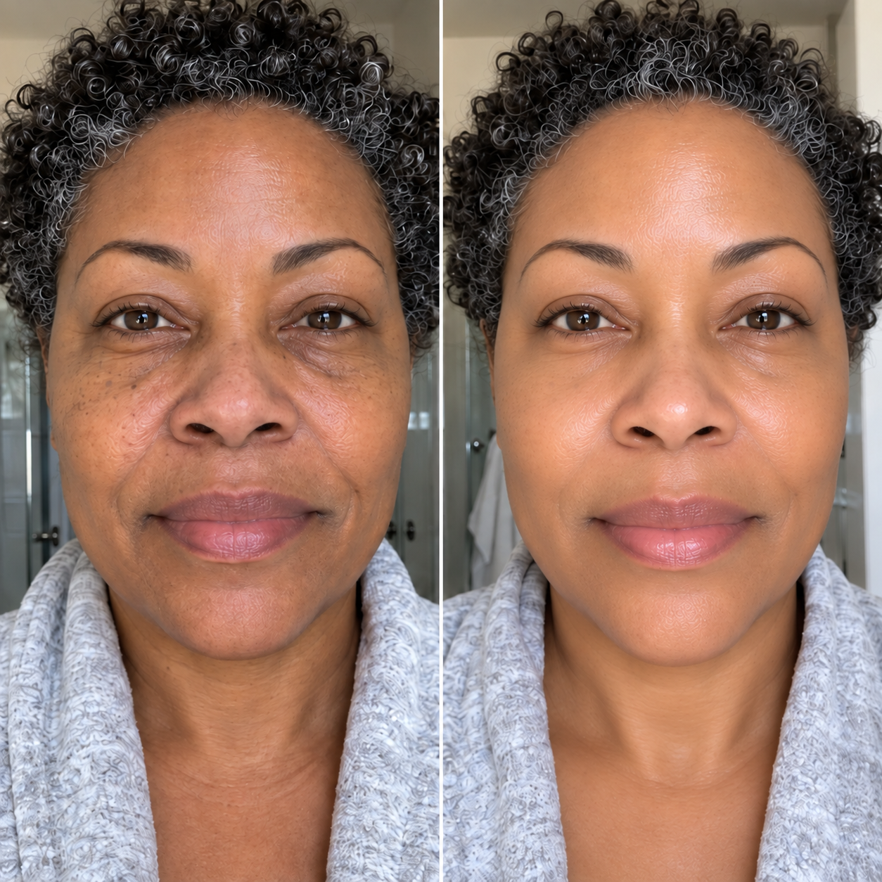 Illustrative side-by-side portrait of a mature woman