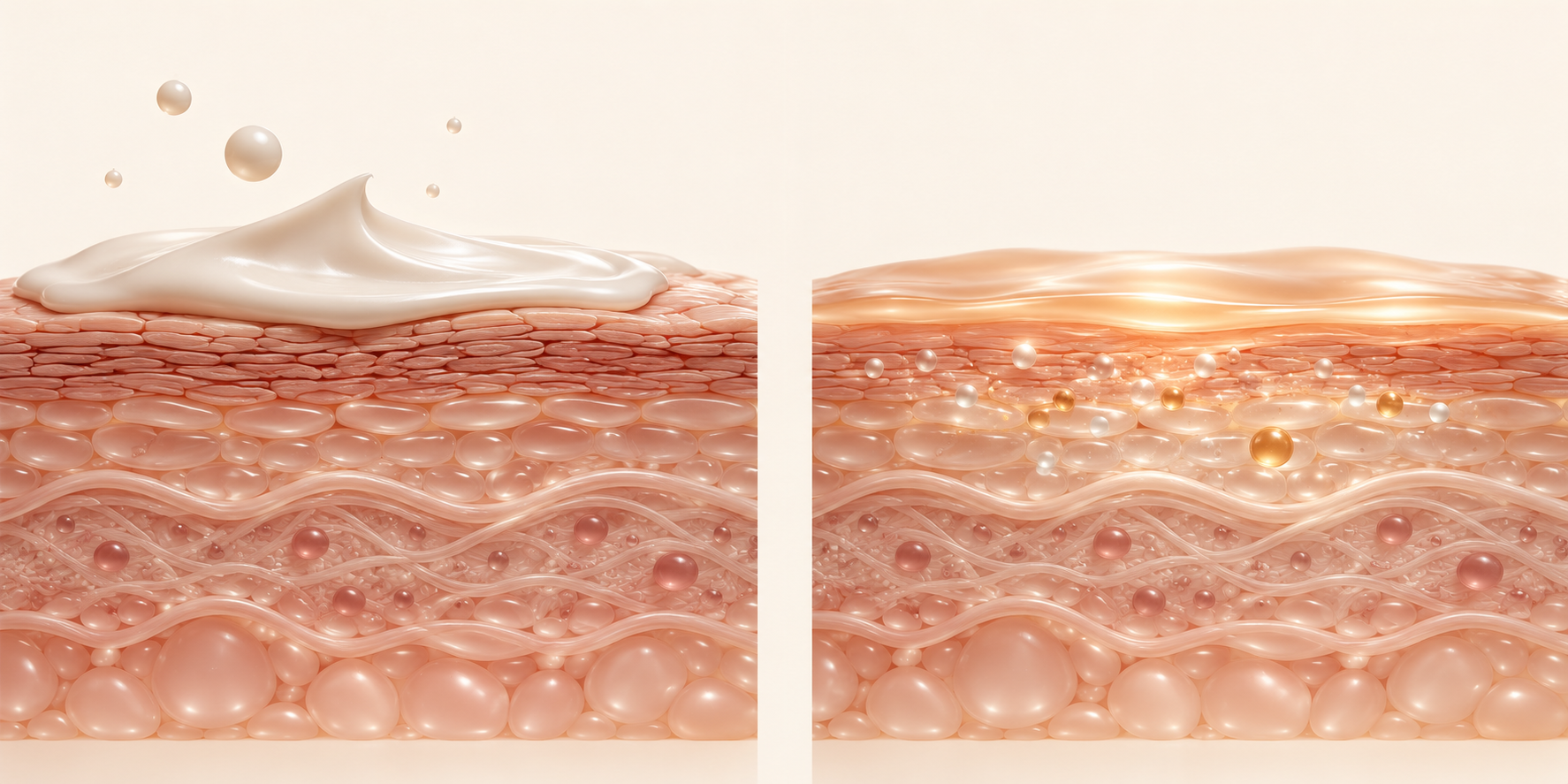 Conceptual illustration comparing a cream on the skin surface with a balm routine