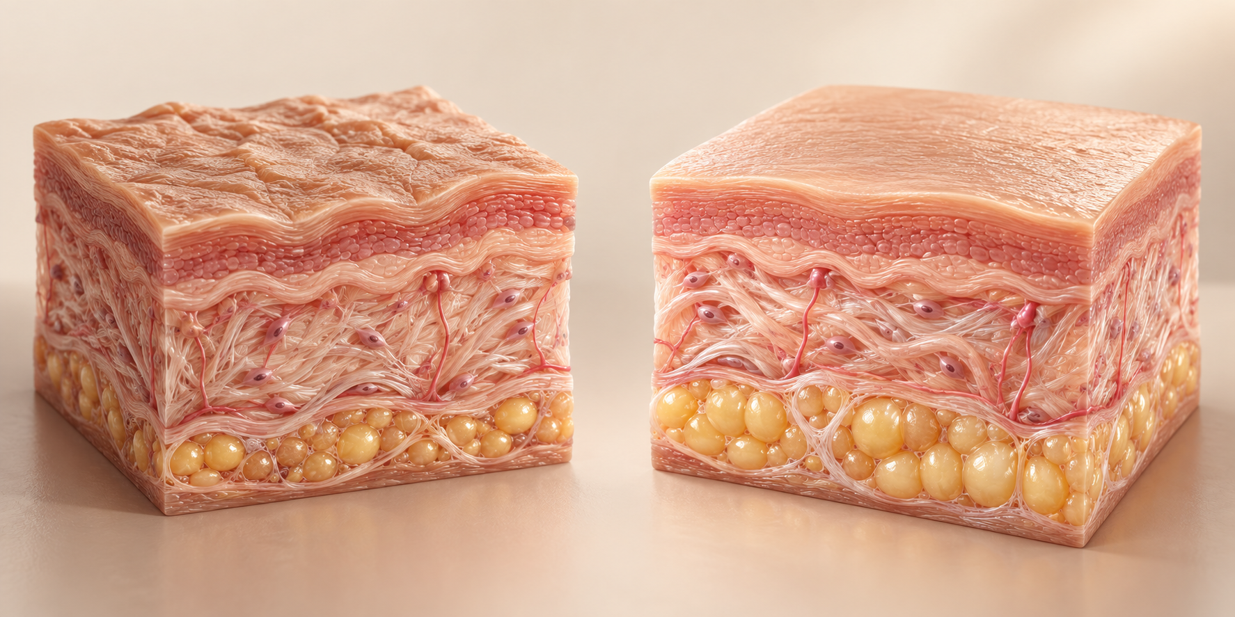 Illustrative comparison of uneven and smoother-looking skin surfaces